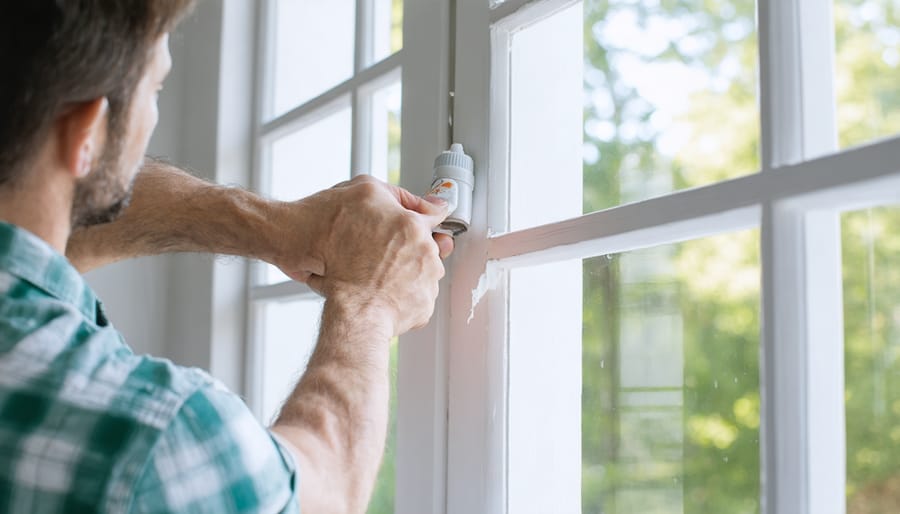 Demonstration of caulking technique to seal gaps around a window