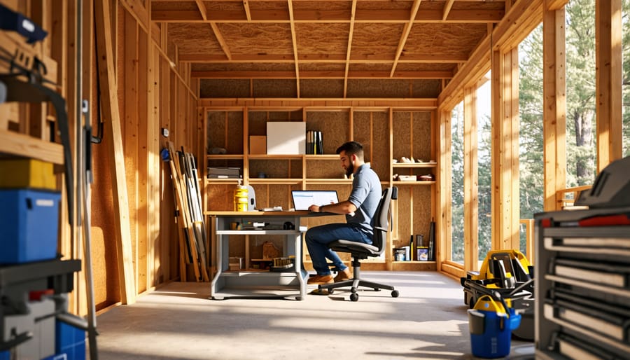 Illustration of a person working comfortably in a temperature-controlled shed workshop