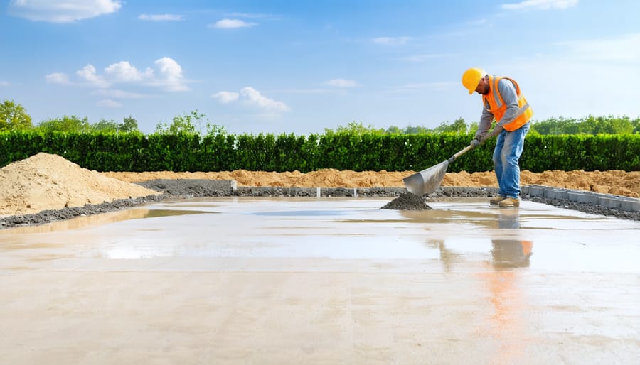 Concrete slab foundation installation on uneven ground