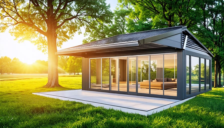 Illustration of a storage shed with a reflective cool roof deflecting sunlight