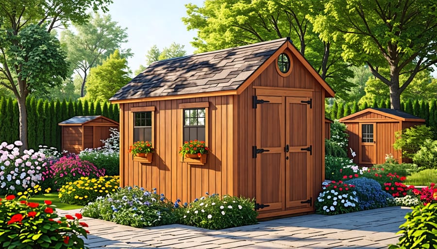 Assorted wood garden sheds in various styles and sizes showcasing customization possibilities