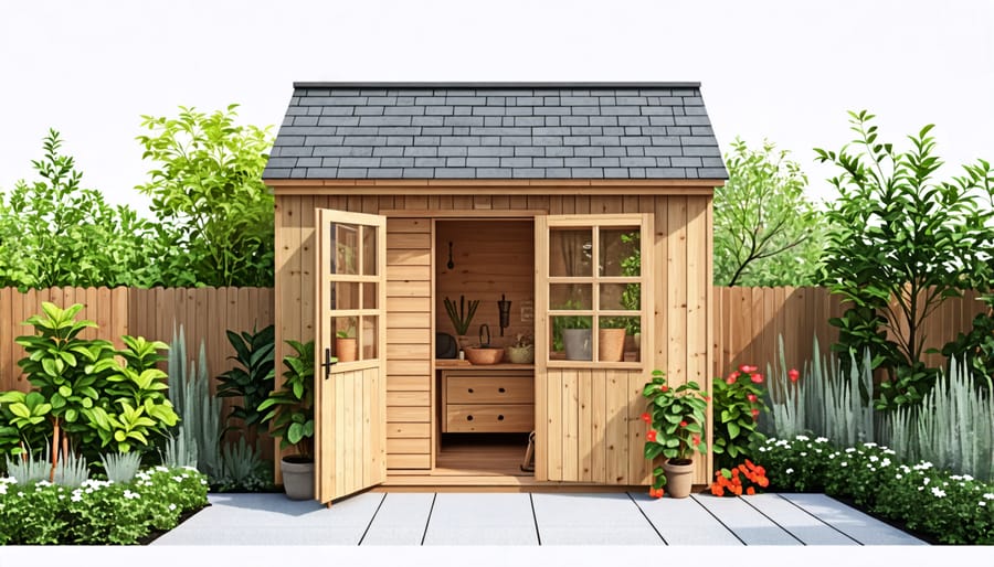 Blueprint outlining plans for a DIY wood garden shed project