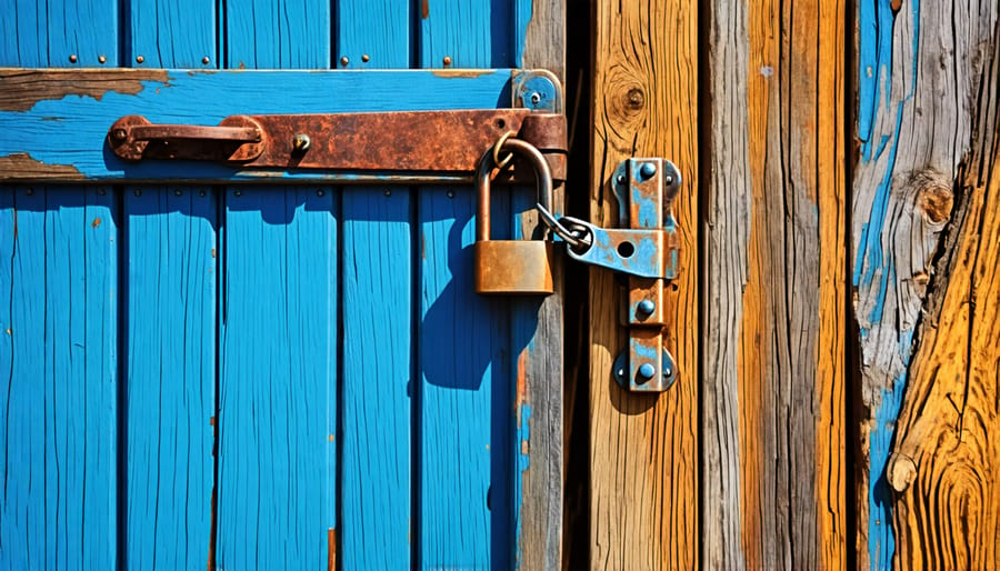 An example of a shed door fortified with a robust padlock and reinforced hinges.