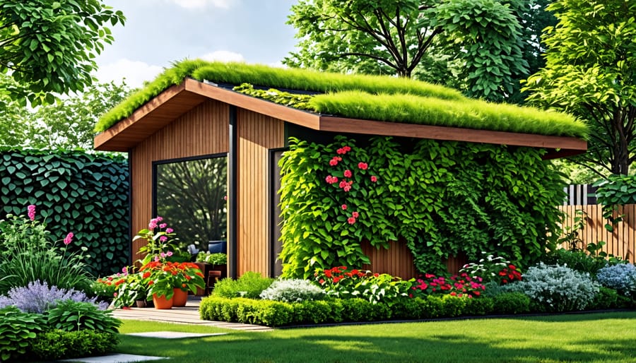 Shed with a lush green living roof covered in plants