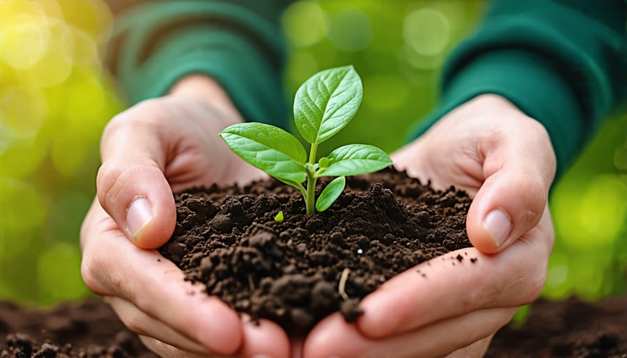 Hands cradling healthy soil and a new plant seedling