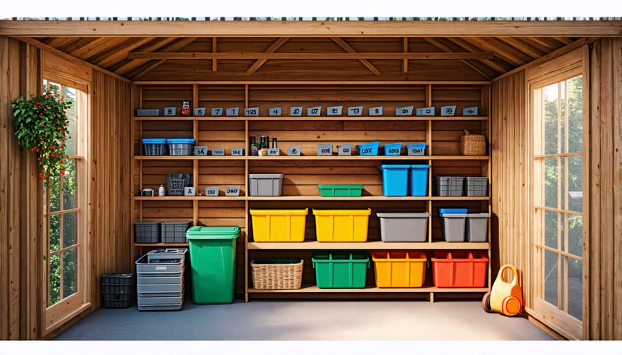 Organized small shed with clearly labeled shelves and storage containers