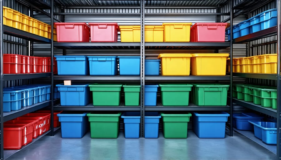 Labeled clear plastic storage bins on metal shelves in a shed