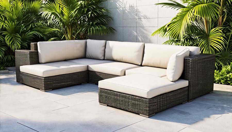 Modern modular outdoor sectional sofa in a backyard setting