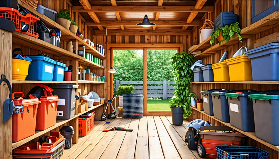 Shed storage featuring categorized and labeled bins on shelving units