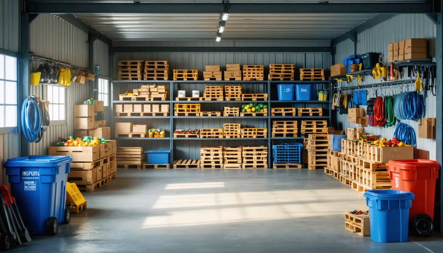 Example of a well-organized shed with elevated storage to protect items from moisture