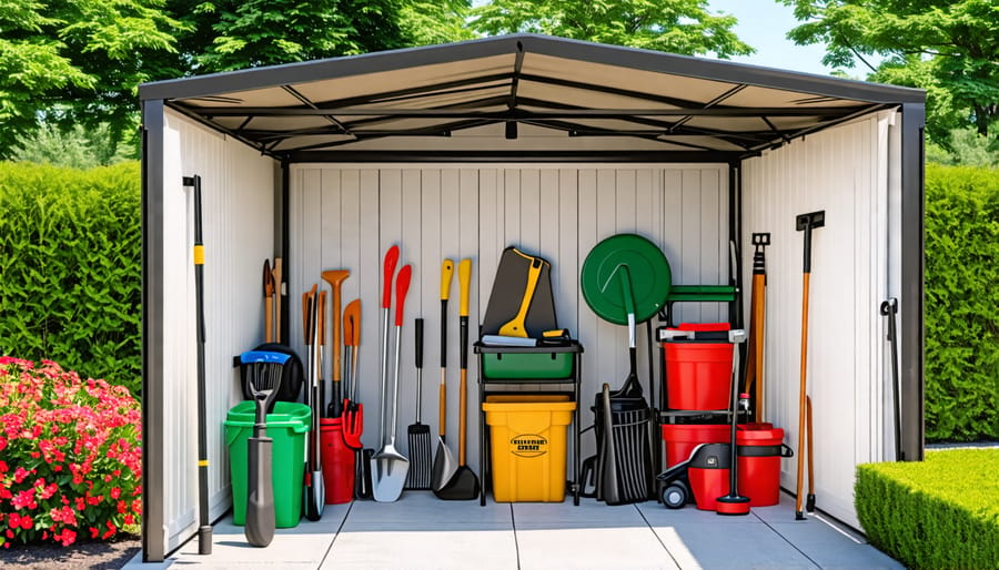 Outdoor belongings stored and organized under a storage canopy