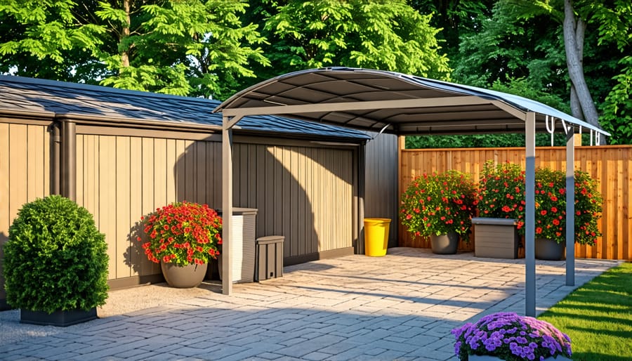 Assortment of outdoor storage canopies showcasing different sizes, styles, and materials