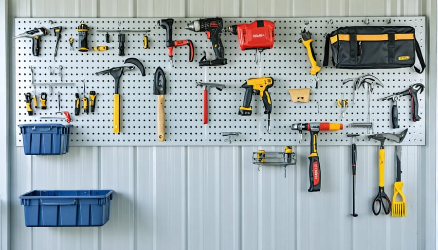 Organized pegboard storage system in a shed workspace