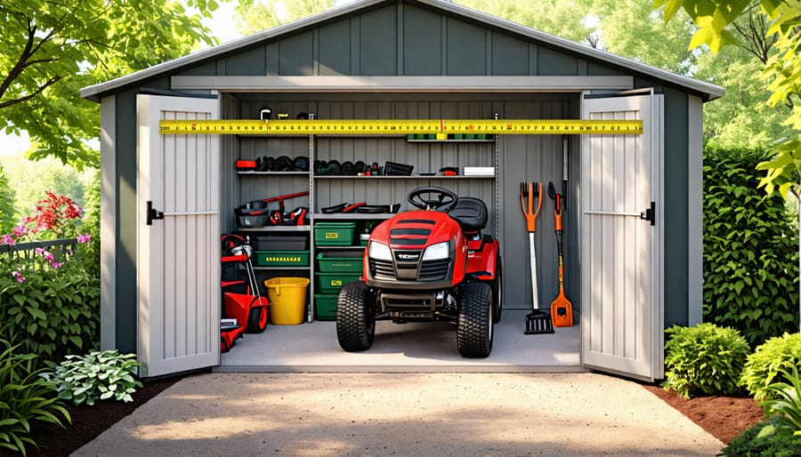 Conceptual illustration of a riding lawn mower inside a spacious shed with organized tools and storage, emphasizing measuring accuracy and planning for ideal shed size.