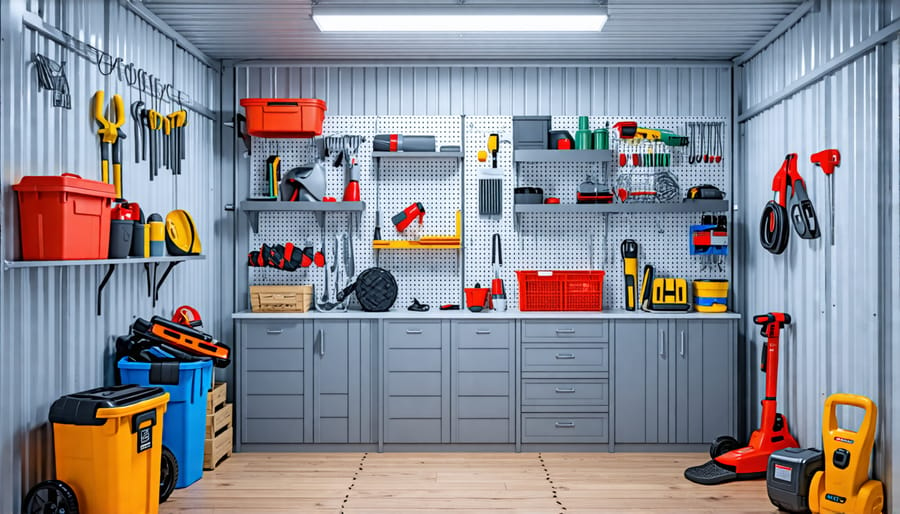 An organized plastic shed using vertical storage solutions like shelves and pegboards