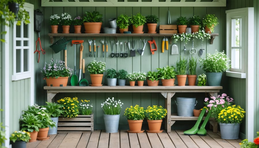 Functional potting bench setup in a shed with convenient storage and lighting