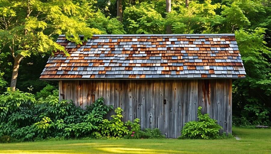 Weathered reclaimed wood shingles used as roofing material on a shed