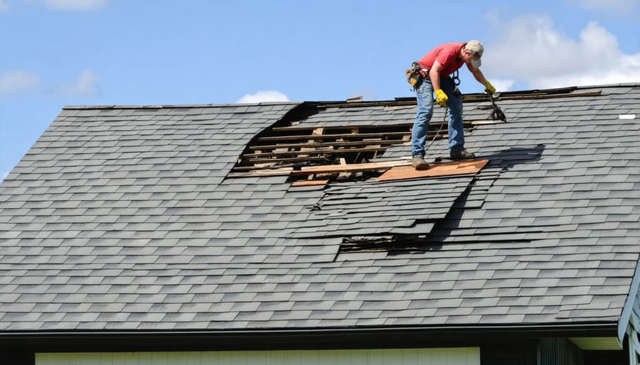 Homeowner making necessary repairs to shed roof