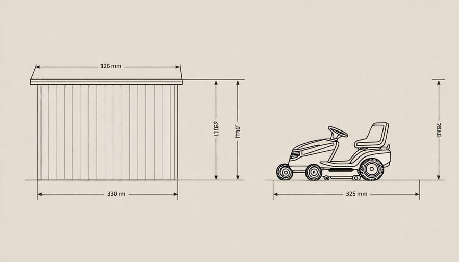 Diagram illustrating riding lawn mower sizes with a shed size overlay