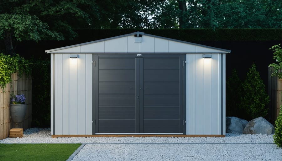 Well-secured shed featuring security lights and reinforced entry points