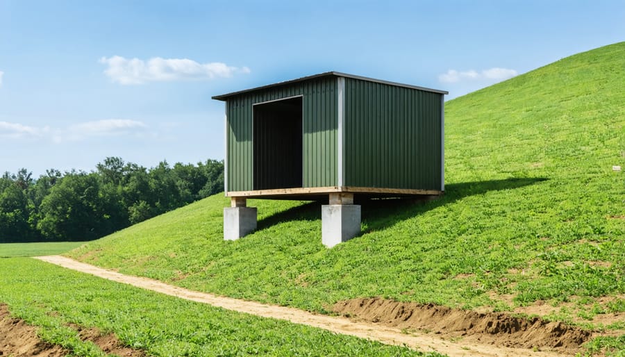 Shed on concrete pier foundation on uneven ground