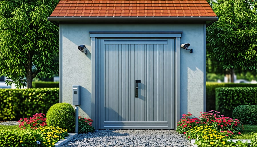 Demonstration of a shed door protected by an alarm system and surveillance camera.