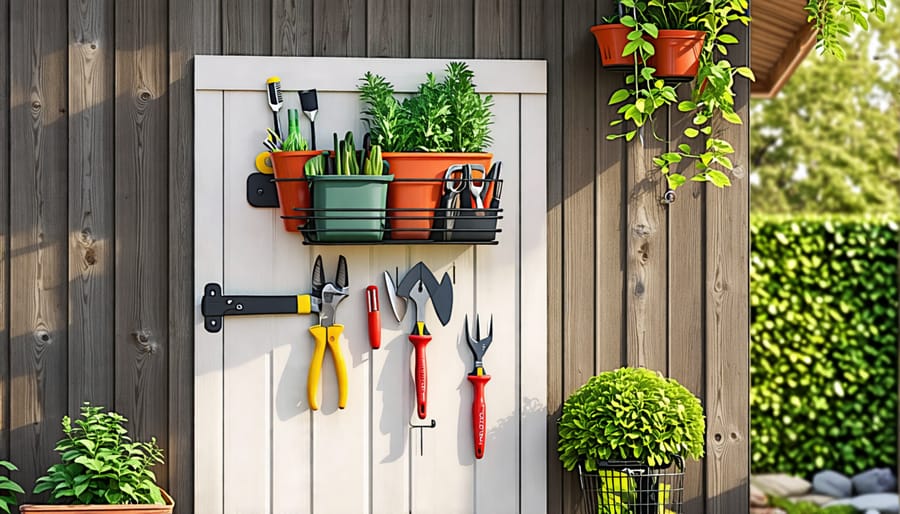 Tools and supplies organized on the back of a shed door using an over-the-door organizer