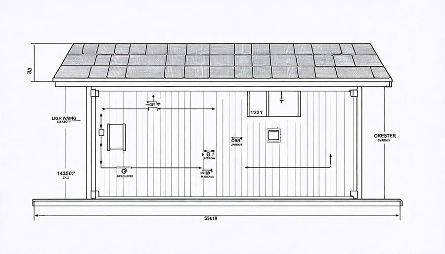 Shed electrical layout diagram with outlets, switches, and lighting