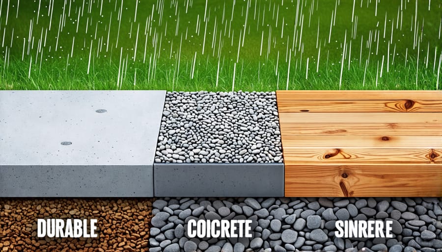 Illustration displaying three types of shed foundations: a concrete slab, a gravel pad, and wooden base in an outdoor setting, with weather elements subtly in the background representing different climates.