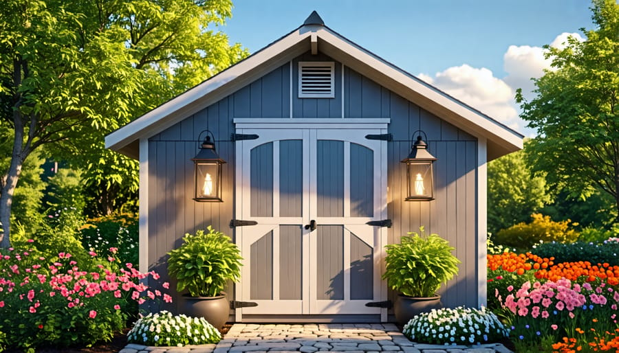 Decorative glass lanterns enhancing the exterior of a shed