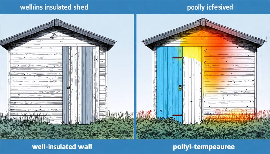 Comparison diagram of a well-insulated and poorly insulated shed wall cross-section