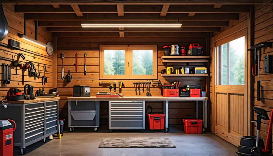 Bright LED overhead lighting in a shed workspace