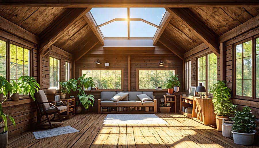 A well-illuminated shed interior using natural lighting from windows and a skylight