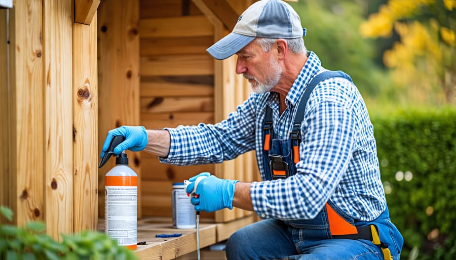 Person applying a protective coating to the exterior of a wooden garden shed