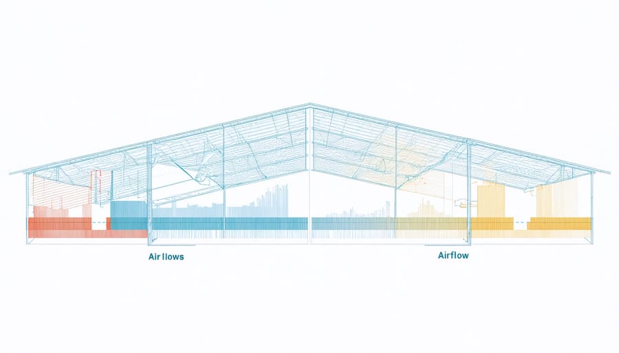 Illustration demonstrating how various ventilation solutions impact airflow in a shed