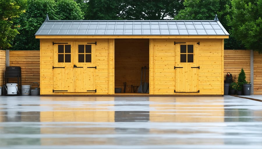 Assortment of waterproof sealants and coatings for exterior use on sheds