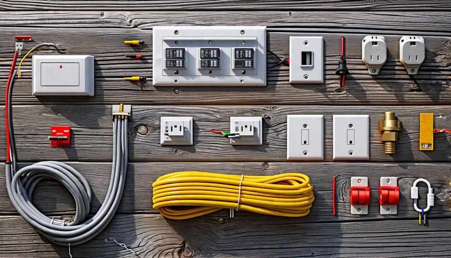 Essential components for shed wiring, including wire, conduit, outlets, switches, and breakers