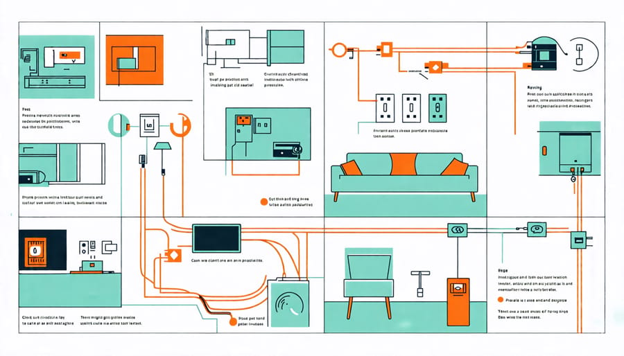 Visual step-by-step guide for shed wiring process, including running wire, installing outlets and switches, and main power connection