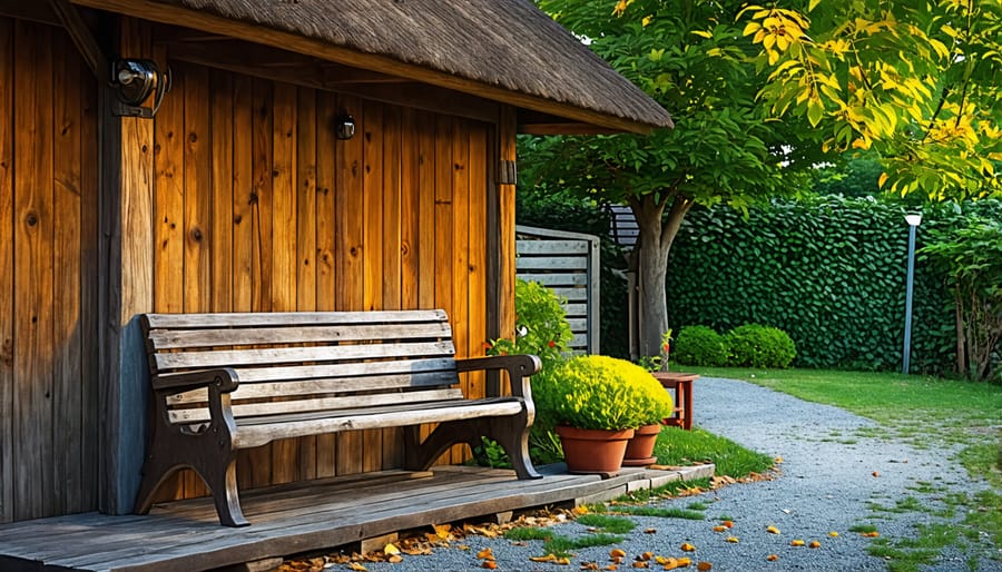 Cozy seating area with a bench next to a small backyard shed