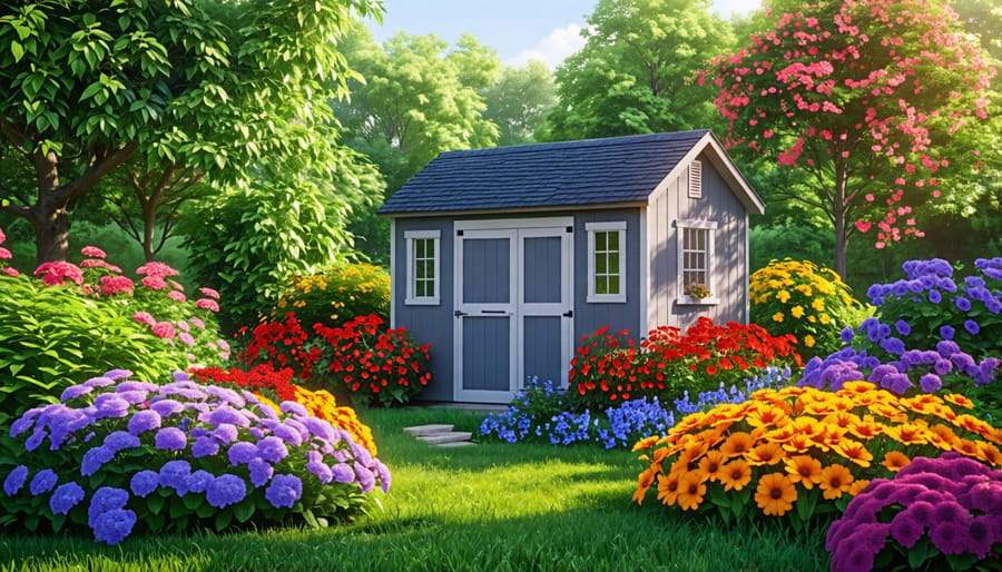 Charming small shed landscaped with vibrant plants and flowers