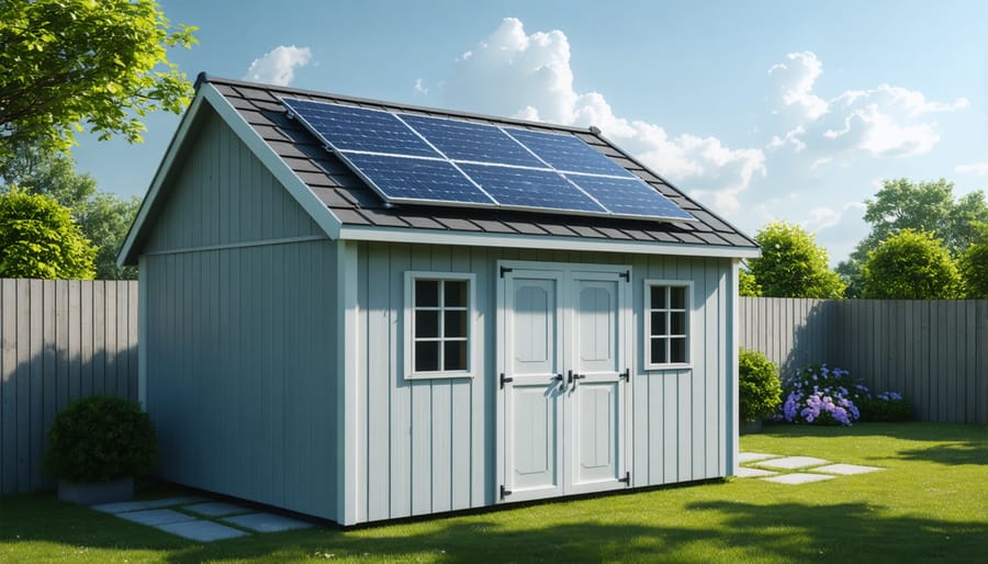 Shed with solar panels installed on the roof in a sunny backyard