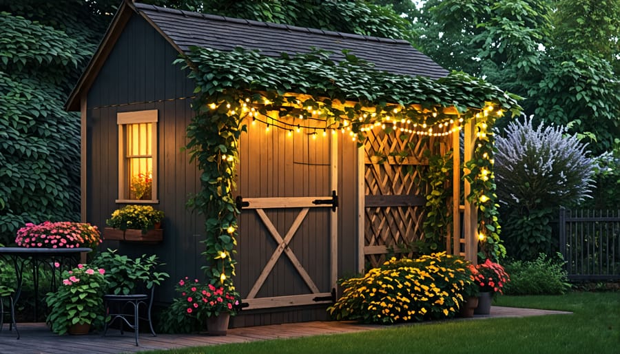 Small shed decorated with a trellis, climbing plants, and string lights for added charm