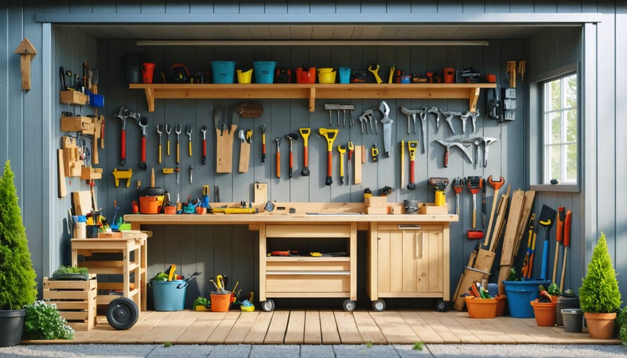 Organized woodworking area in a shed with essential tools and supplies