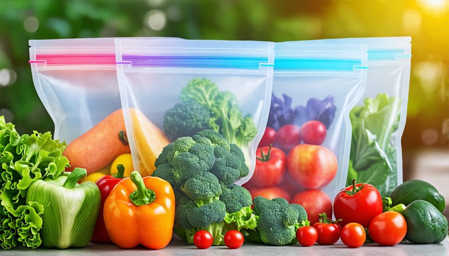 Eco-friendly silicone storage bags used to store fresh fruits, vegetables, and snacks