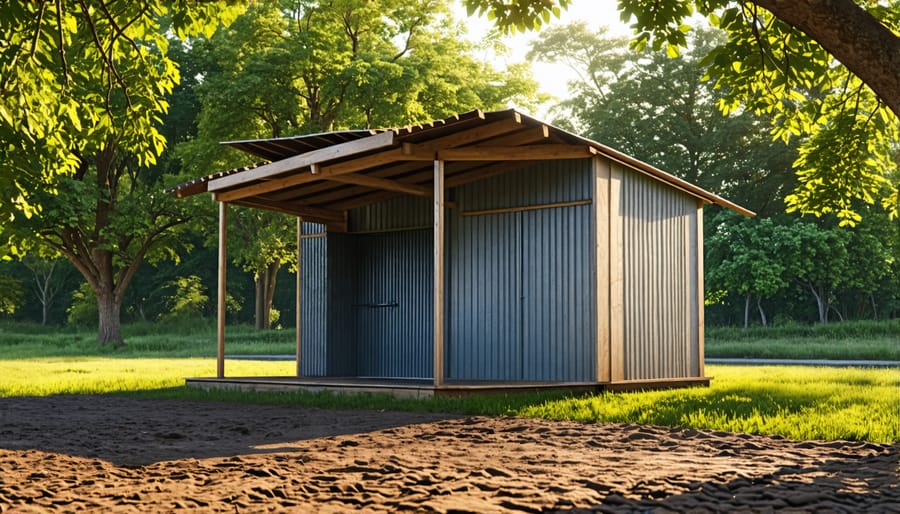 Image of a small, temporary shed setup without a foundation on flat ground