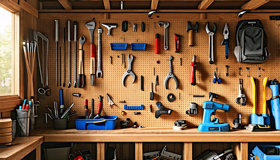 Pegboard with various tools efficiently organized in a small shed