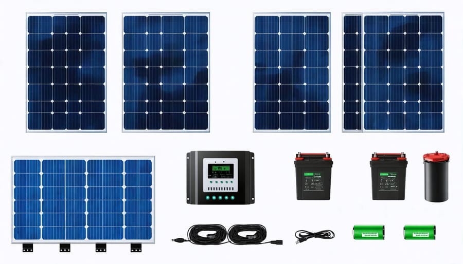 Different types of solar components including panels, charge controllers, and batteries