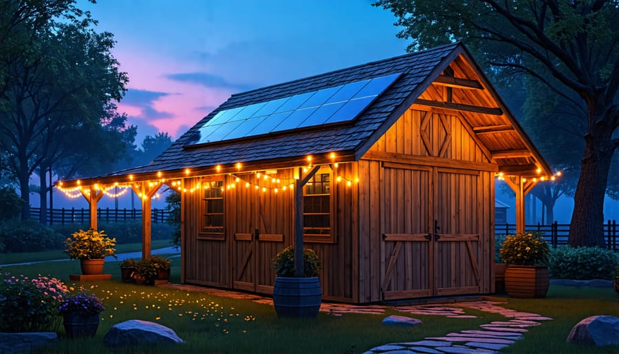 Solar string lights creating a warm ambiance around a backyard shed