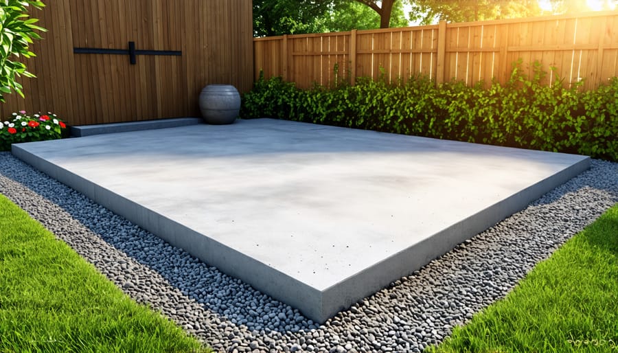 Different types of shed foundations such as a concrete slab, gravel pad, and wooden base