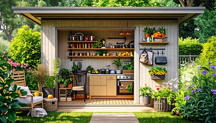 Example of maximizing vertical storage space in a shed using shelves and hanging organizers